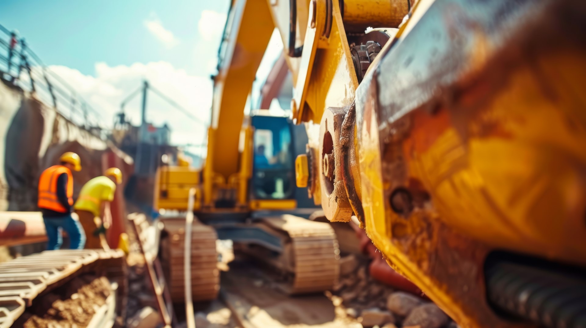 Engineers and workers wearing safety guards work in drilling underground tunnels for construction Excavator practicing safety techniques for trenching and digging ditches and sinkhole correction.