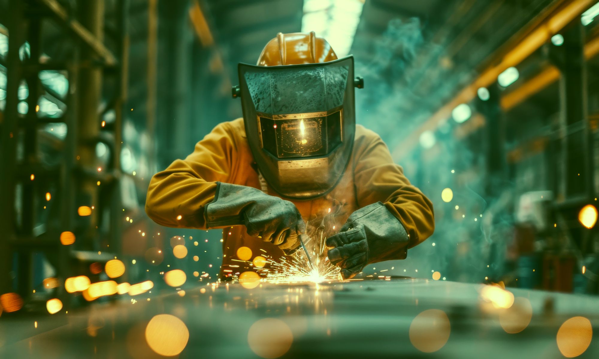 Man doing welding and custom fabrication inside of industrial factory.