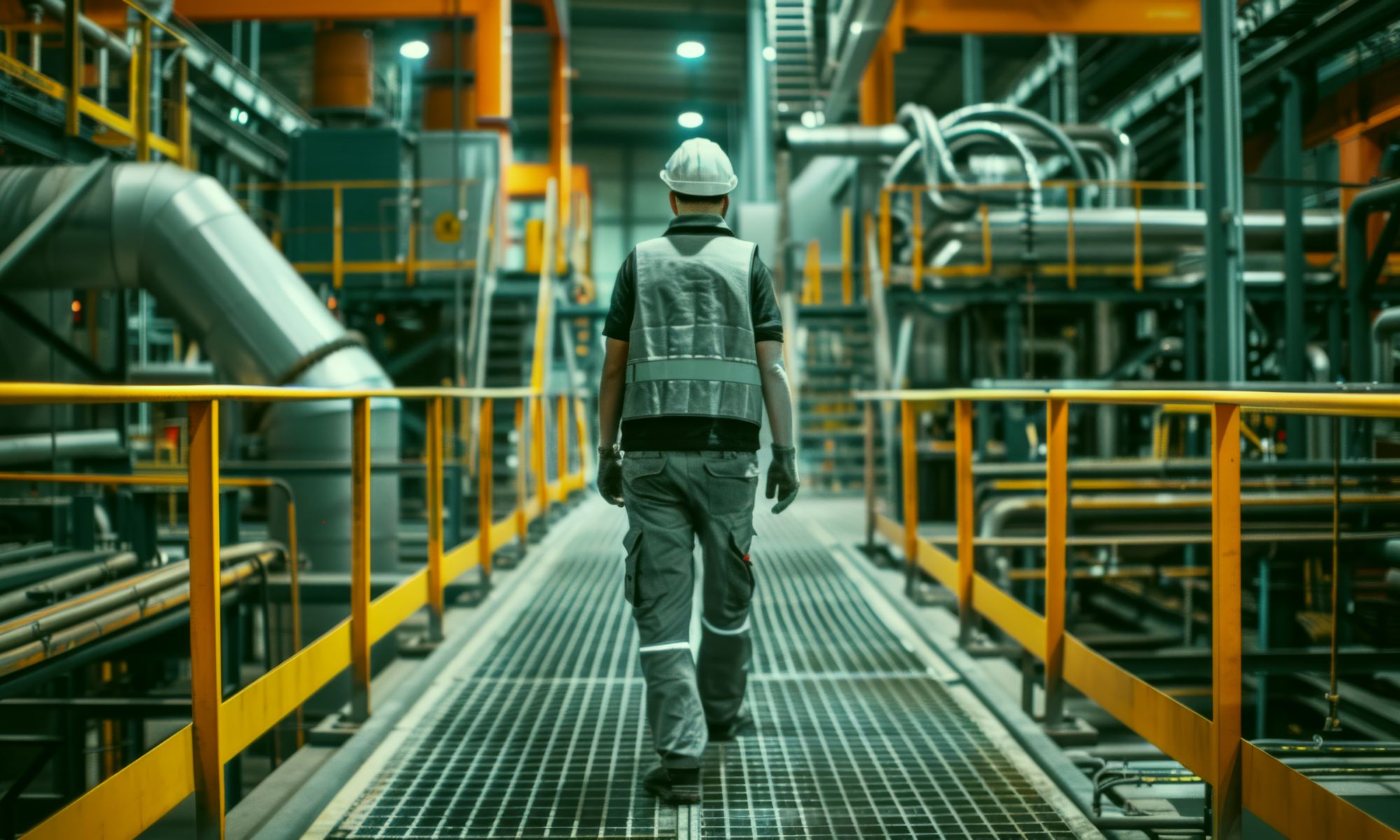 Man on catwalk inside of nuclear power station.