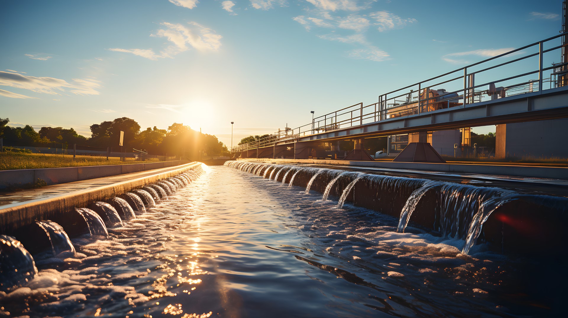 photo of an industrial waterway showing water at sunset Water retention pond at power plant.