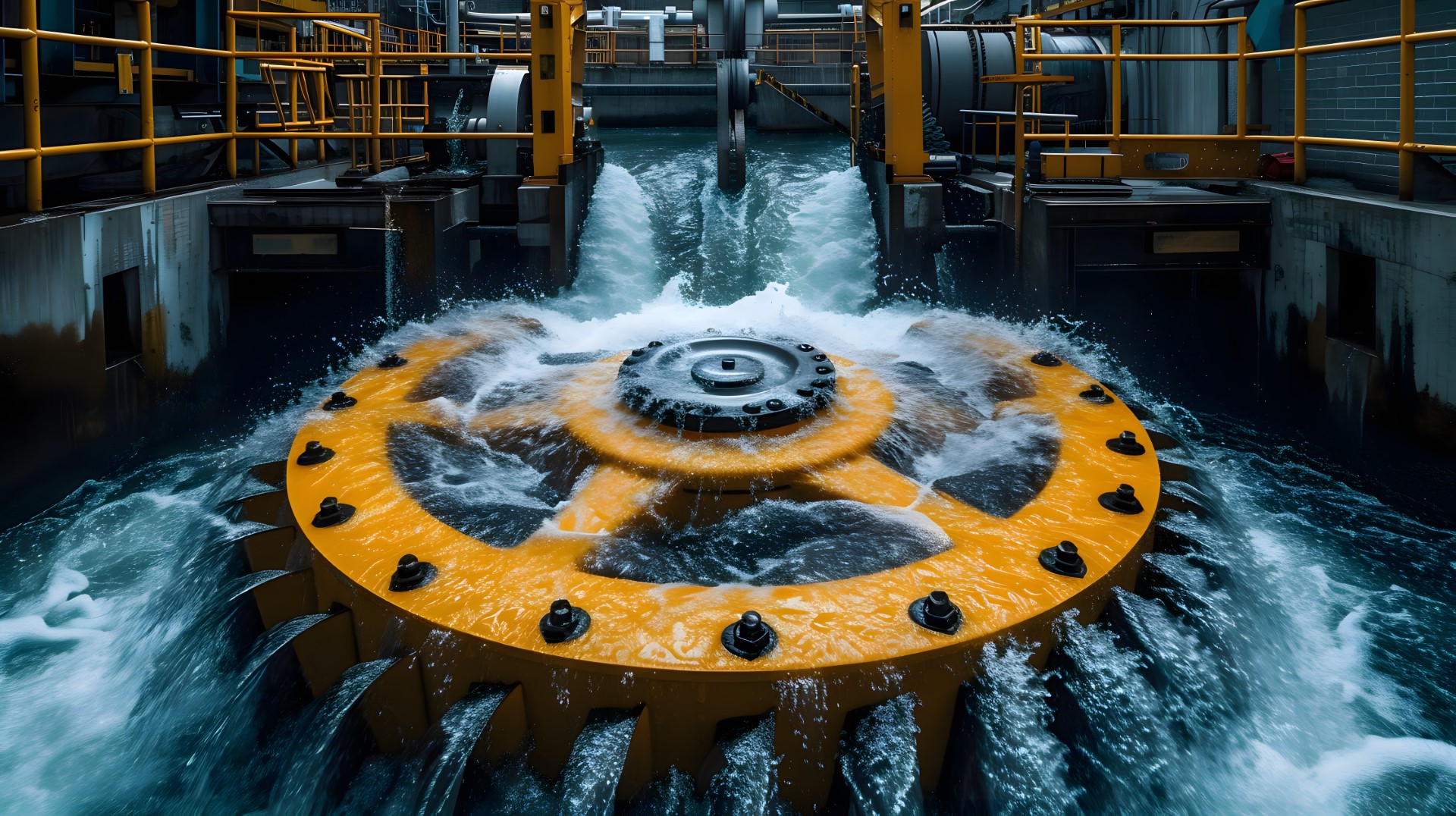 A large industrial water pump with a yellow impeller sits inside a concrete chamber. These powerful pumps move vast quantities of water for various applications. Moving crane rig on ceiling used for material handling at factory.
