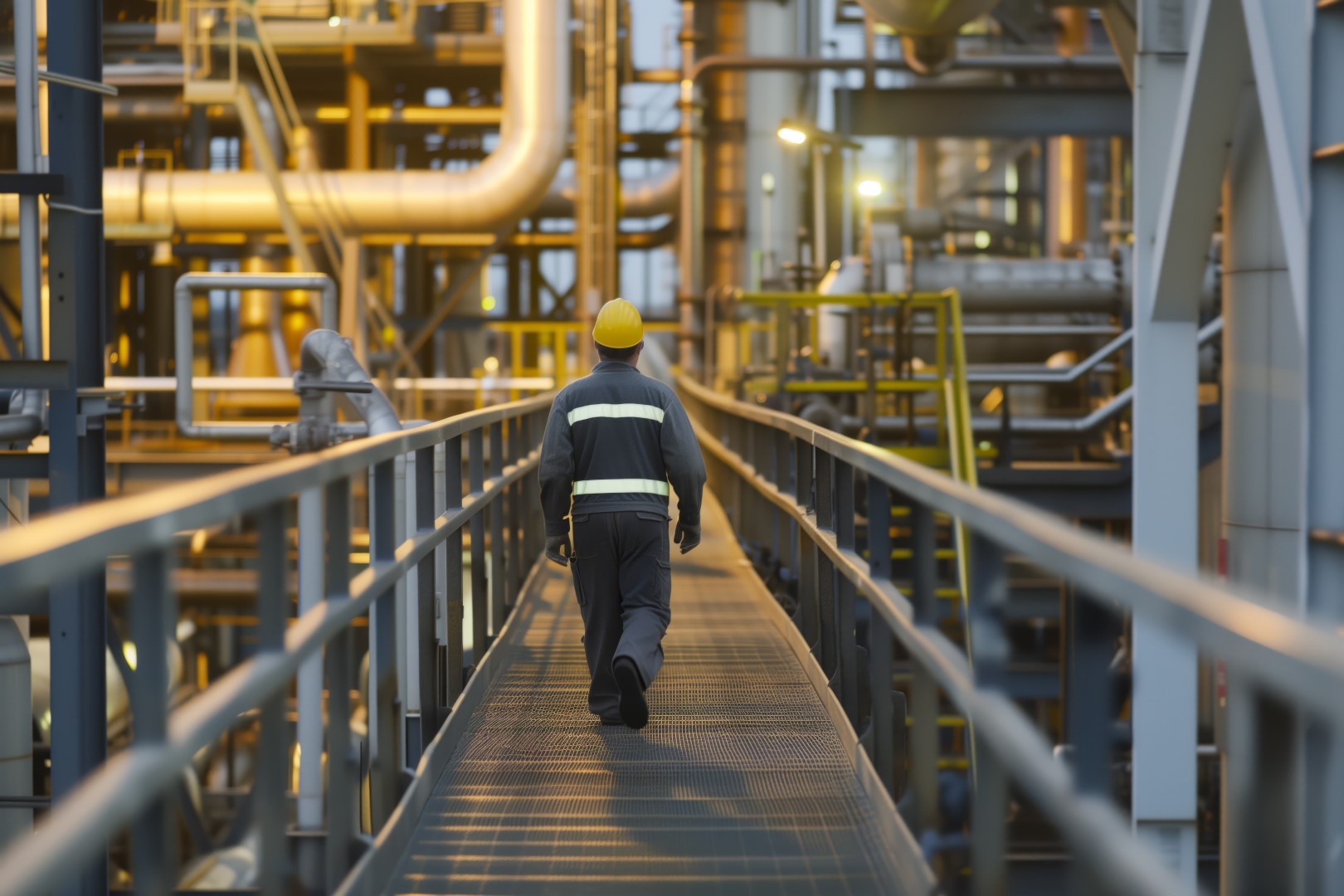 engineer walking along refinery catwalk Worker walking on catwalk after industrial site works structural work.