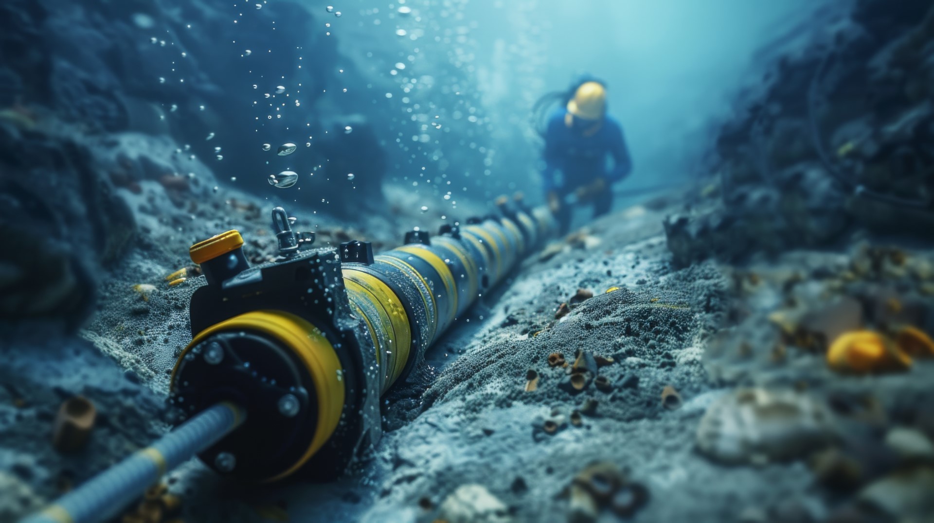 Diver welding pipe under the water in order to stop underwater pipe leak.