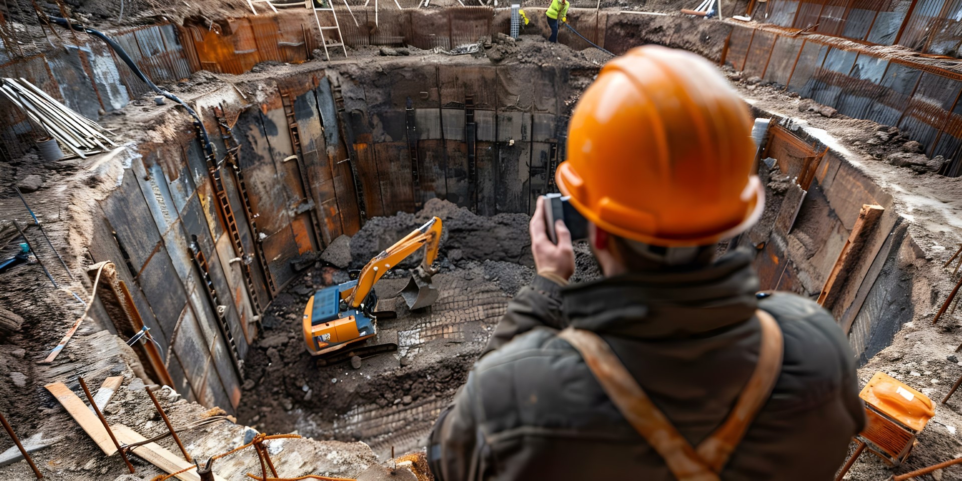 Worker overseeing excavator in hole digging out contaminated soil after material spill.