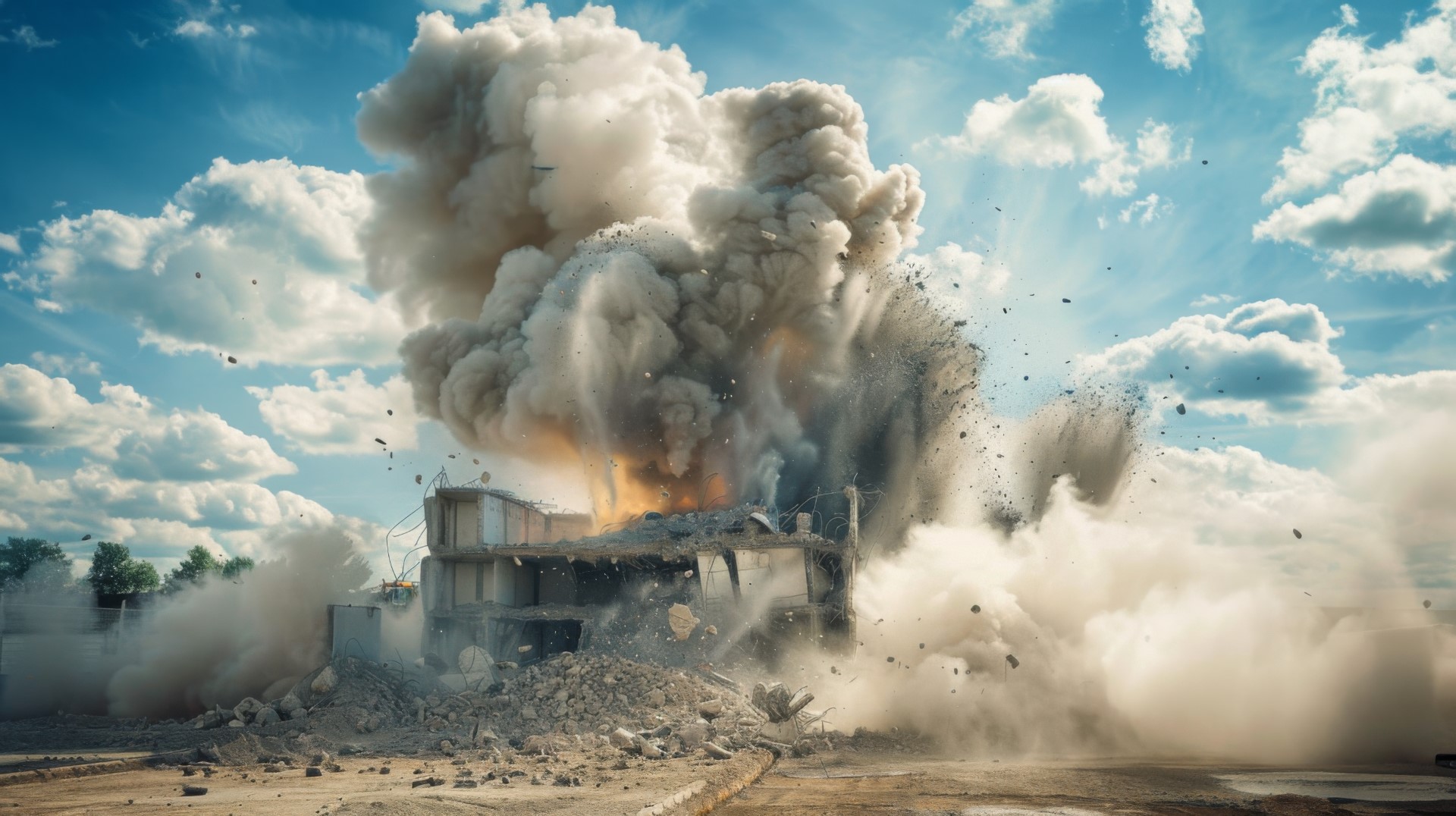 A controlled explosion demolishing an old building at a construction site.