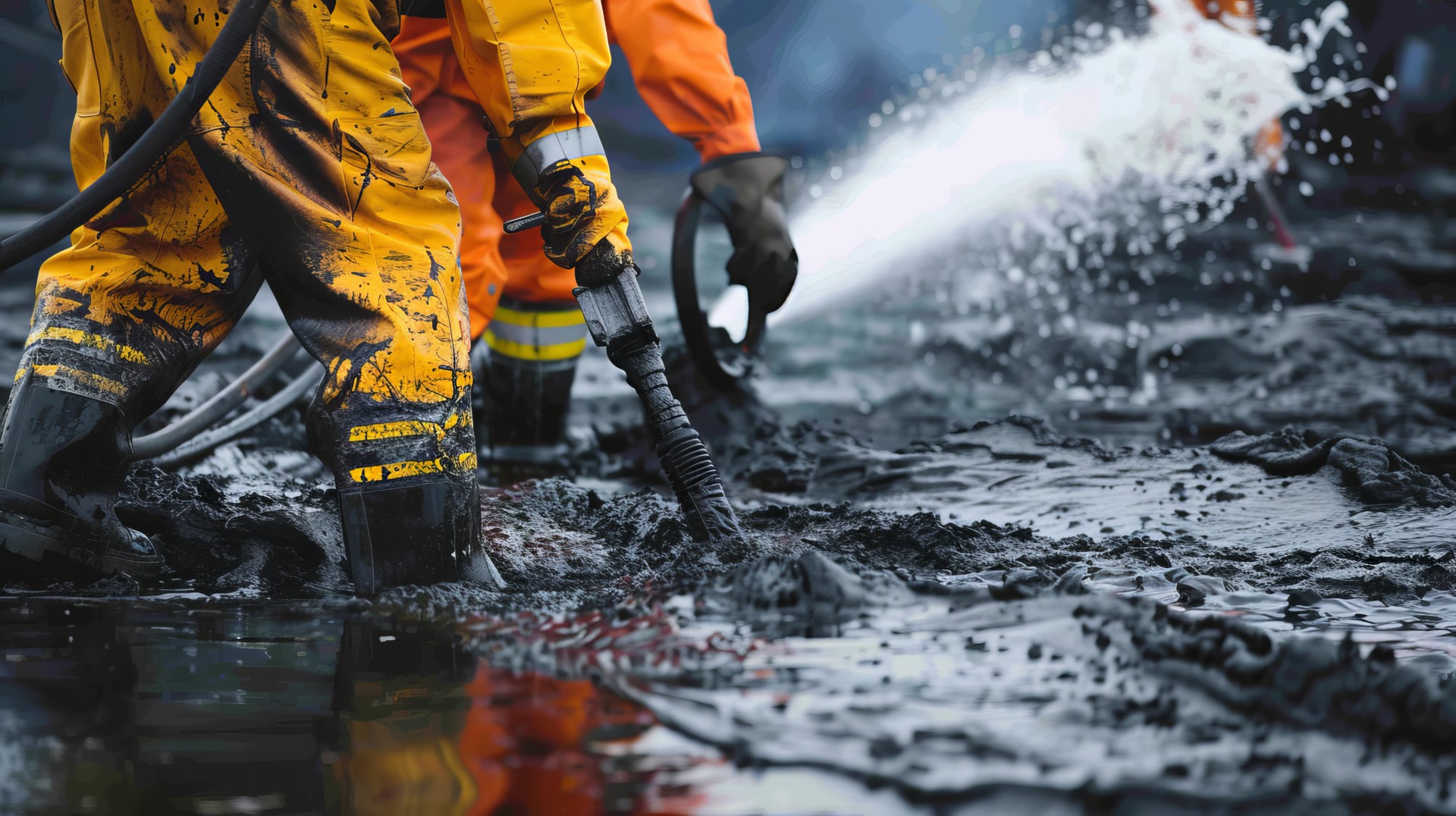 Workers doing waste solidification on water waste at industrial power facility. 